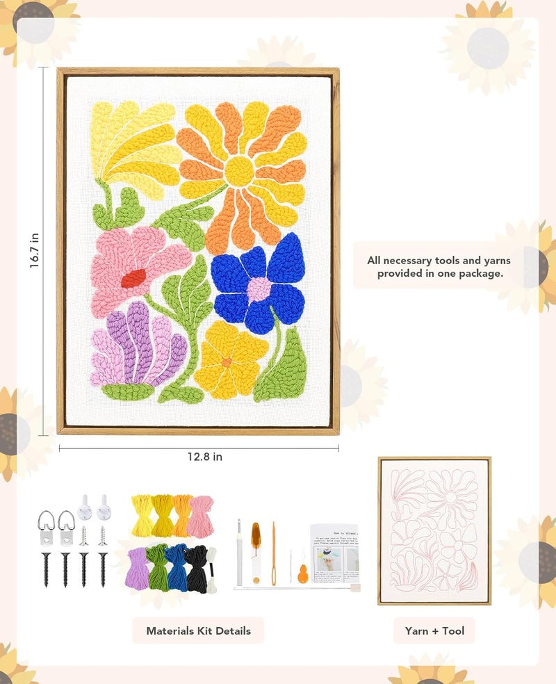 AceList 16 Inch Punch Needle Kit with Frame, Easy Punch Embroidery Kits for Beginners, Adults & Kids Craft Kits, Picture Frame as Home Wall Décor, Pattern Fabric,Threader, Yarns, Hoops & Rug Punch - Image 2